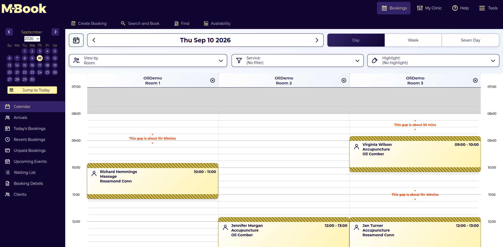 M-Book desktop bookings calendar with room schedules and available appointment gaps